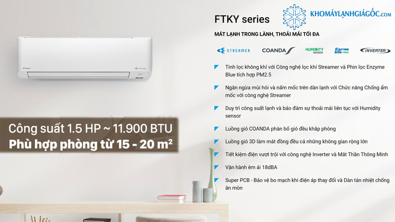 Máy lạnh Daikin Inverter 1.5 HP FTKY35WAVMV phù hợp cho phòng có diện tích từ 15-20m2