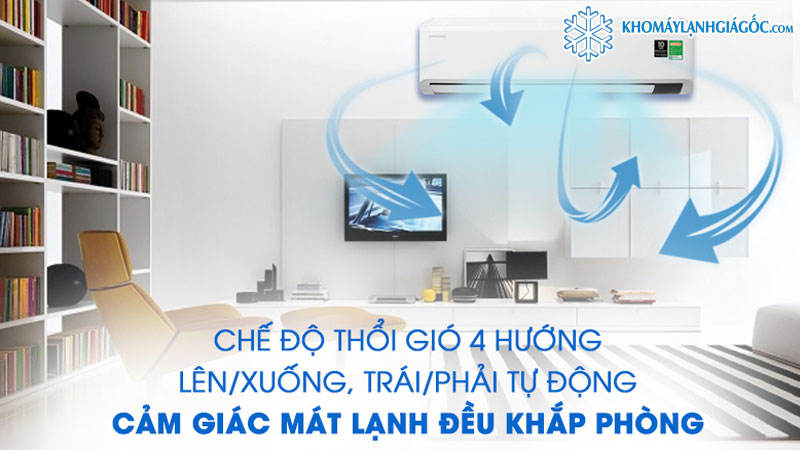 Hơi lạnh lan toả đều và xa hơn với tự động đảo gió 4 hướng